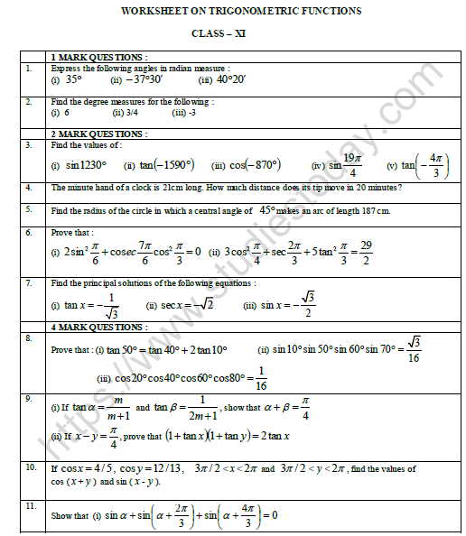 CBSE Class 11 Mathematics Trigonometric Functions Worksheet Set B